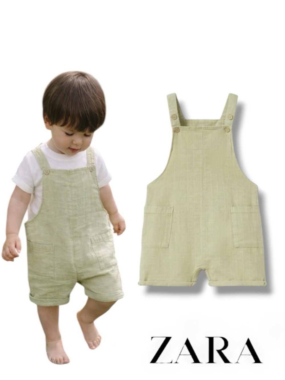 ZARA Baby Sage Green Linen Blend Short Overalls NWT 18-24M